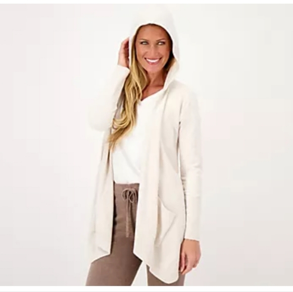 Barefoot Dreams CozyChic Ultra Lite Hooded Seashore Cardigan Cream Medium LARGE - Picture 3 of 9